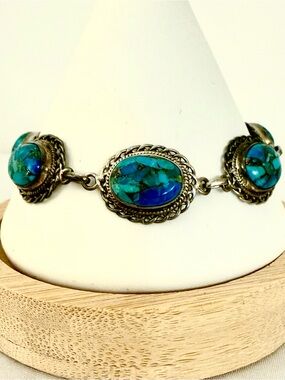 Blue Copper Turquoise 925 Sterling Silver 6 Stone Link Bracelet India NWT